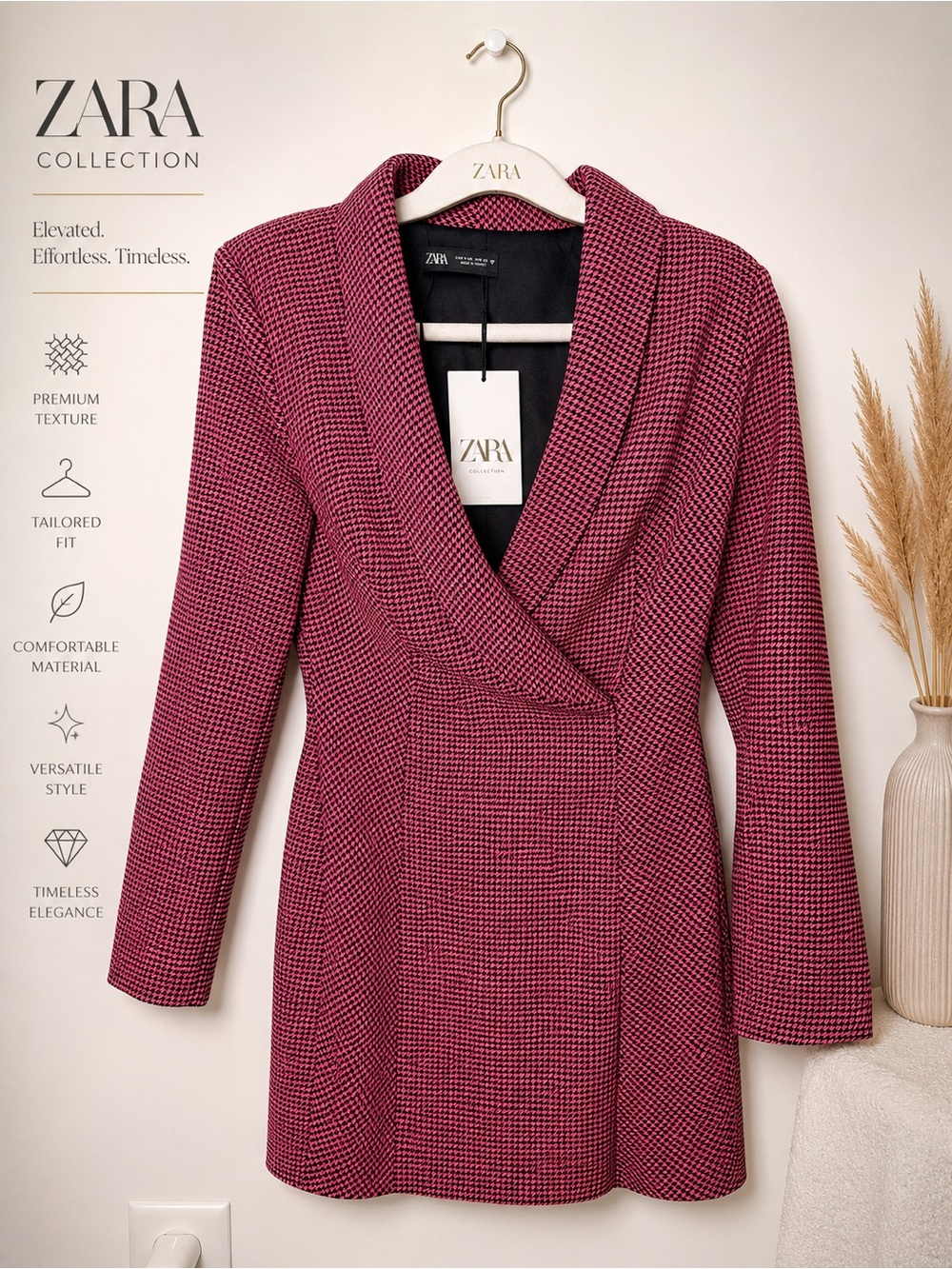 NWT ZARA Tailored Pink Houndstooth Blazer Mini Dress